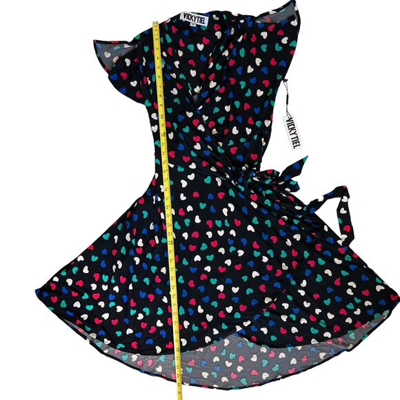 New* Wrap Dress Size Medium Black Pink Green Hearts Fit & Flare Colorful READ - Picture 14 of 16